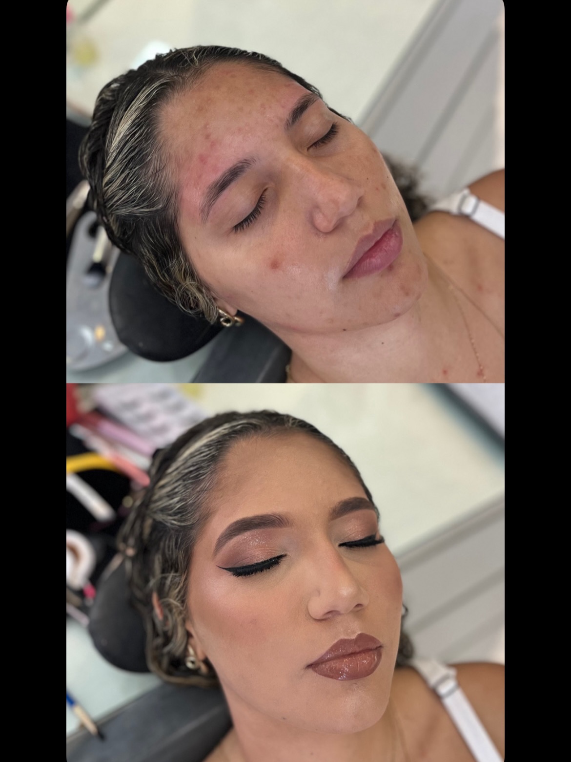 Antes e depois de maquiagem publicados no Instagram de Laura Magalhães